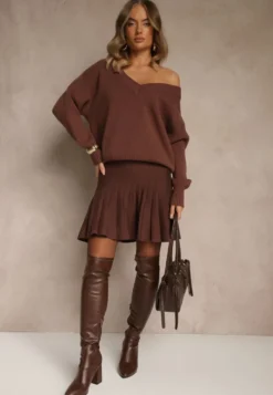 Brązowa Spódnica z Wiskozą o Rozkloszowanym Kroju High Waist Calatiela