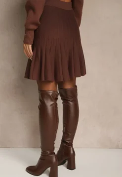 Brązowa Spódnica z Wiskozą o Rozkloszowanym Kroju High Waist Calatiela