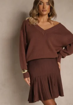 Brązowa Spódnica z Wiskozą o Rozkloszowanym Kroju High Waist Calatiela