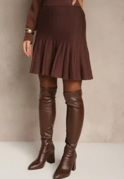 Brązowa Spódnica z Wiskozą o Rozkloszowanym Kroju High Waist Calatiela