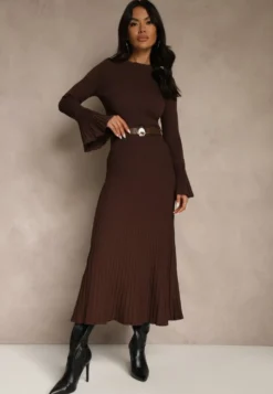 Brązowa Sweterkowa Sukienka Longsleeve z Wiskozą z Paskiem z Klamerką Muszelką Retine