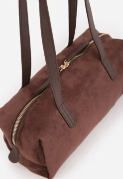 Brązowa Torebka Bowling Bag na Ramię o Fakturze Zamszu Aelaril