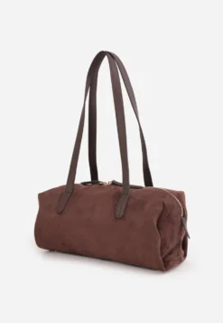 Brązowa Torebka Bowling Bag na Ramię o Fakturze Zamszu Aelaril