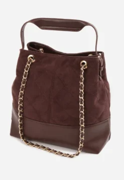 Brązowa Torebka Bucket Bag z Przeszyciami w Romby z Rączką i Uchwytami z Łańcuszkiem Denidora