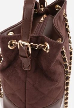 Brązowa Torebka Bucket Bag z Przeszyciami w Romby z Rączką i Uchwytami z Łańcuszkiem Denidora