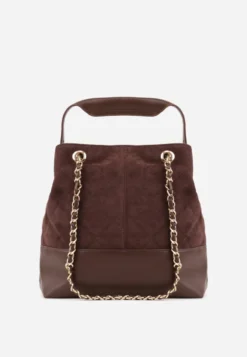 Brązowa Torebka Bucket Bag z Przeszyciami w Romby z Rączką i Uchwytami z Łańcuszkiem Denidora