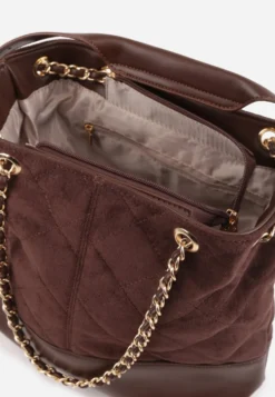 Brązowa Torebka Bucket Bag z Przeszyciami w Romby z Rączką i Uchwytami z Łańcuszkiem Denidora