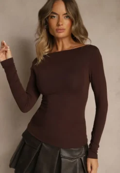 Brązowa Wiskozowa Bluzka Longsleeve z Dekoltem Typu Łódka Zaide
