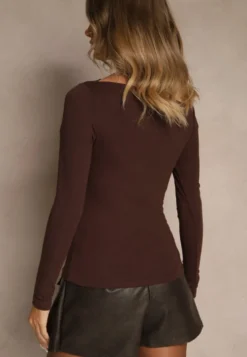 Brązowa Wiskozowa Bluzka Longsleeve z Dekoltem Typu Łódka Zaide