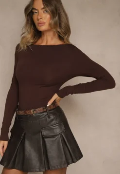 Brązowa Wiskozowa Bluzka Longsleeve z Dekoltem Typu Łódka Zaide