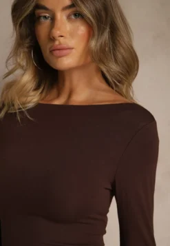 Brązowa Wiskozowa Bluzka Longsleeve z Dekoltem Typu Łódka Zaide