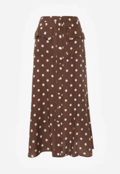 Brązowa Wiskozowa Spódnica High Waist w Kropki z Guzikami Tadalion