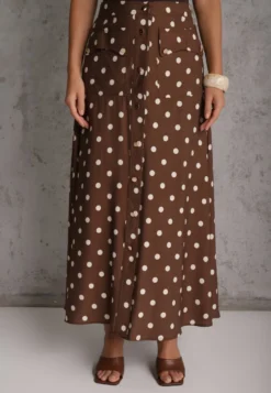 Brązowa Wiskozowa Spódnica High Waist w Kropki z Guzikami Tadalion