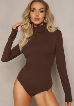Brązowe Bawełniane Body z Golfem Ohpia