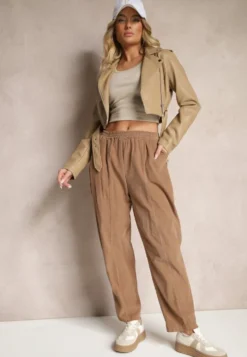 Brązowe Bawełniane Spodnie High Waist w Klasycznym Stylu Arivora
