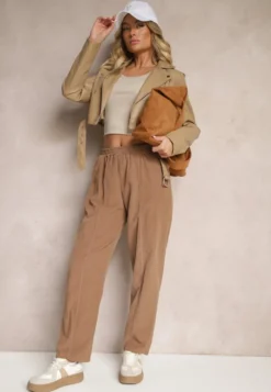 Brązowe Bawełniane Spodnie High Waist w Klasycznym Stylu Arivora