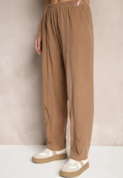 Brązowe Bawełniane Spodnie High Waist w Klasycznym Stylu Arivora