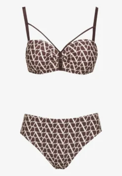 Brązowe Bikini Biustonosz i Majtki Typu Figi w Geometryczny Wzór Linarissa