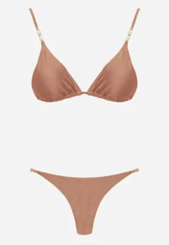 Brązowe Bikini Biustonosz z Wiązaniem na Plecach i Koralikami i Majtki Figi Sheille