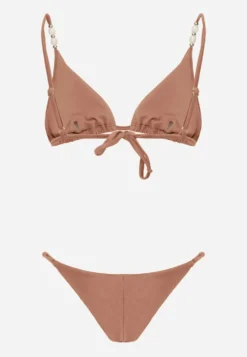 Brązowe Bikini Biustonosz z Wiązaniem na Plecach i Koralikami i Majtki Figi Sheille
