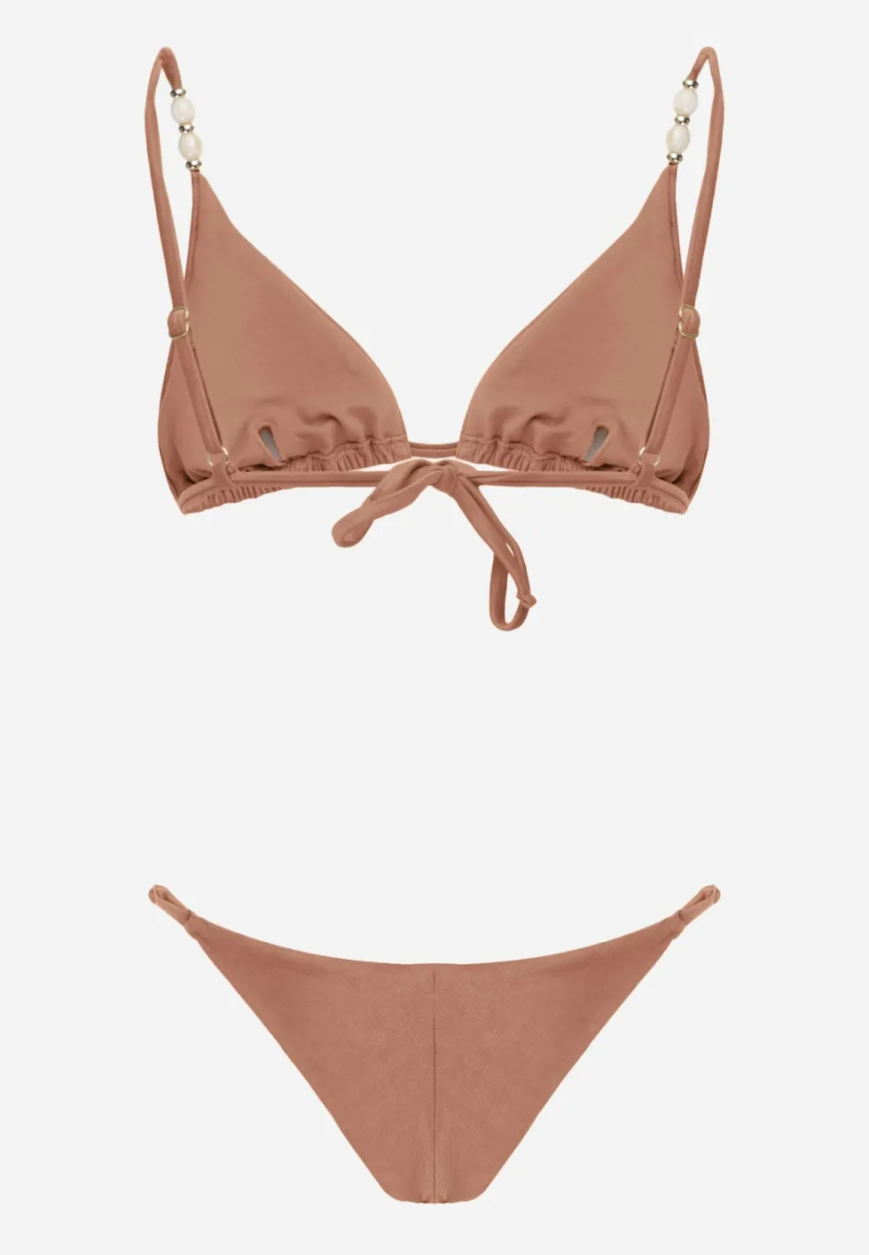Brązowe Bikini Biustonosz z Wiązaniem na Plecach i Koralikami i Majtki Figi Sheille