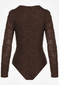 Brązowe Body Longsleeve z Kopertowym Dekoltem w Kwiatowy Print Zenneva