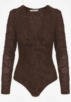Brązowe Body Longsleeve z Kopertowym Dekoltem w Kwiatowy Print Zenneva