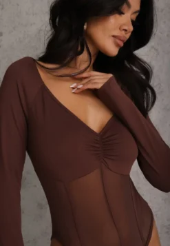 Brązowe Body Vices o Fasonie Longsleeve z Dekoltem w Kształcie V Asstre