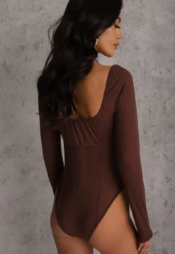 Brązowe Body Vices o Fasonie Longsleeve z Dekoltem w Kształcie V Asstre