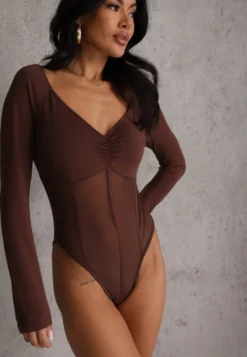 Brązowe Body Vices o Fasonie Longsleeve z Dekoltem w Kształcie V Asstre