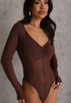 Brązowe Body Vices o Fasonie Longsleeve z Dekoltem w Kształcie V Asstre