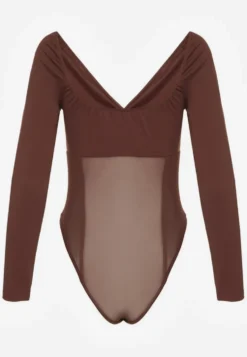 Brązowe Body Vices o Fasonie Longsleeve z Dekoltem w Kształcie V Asstre