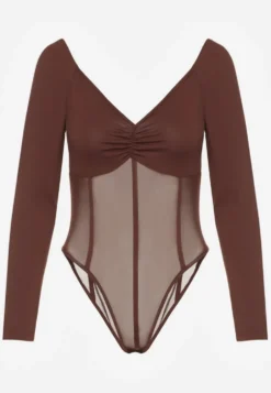 Brązowe Body Vices o Fasonie Longsleeve z Dekoltem w Kształcie V Asstre