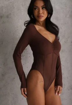 Brązowe Body Vices o Fasonie Longsleeve z Dekoltem w Kształcie V Asstre