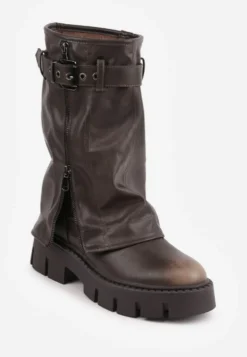 Brązowe Botki Biker Boots z Cholewką Imitującą Nogawkę z Klamerką Veresta