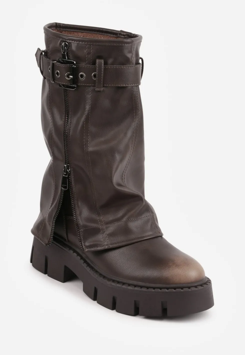 Brązowe Botki Biker Boots z Cholewką Imitującą Nogawkę z Klamerką Veresta