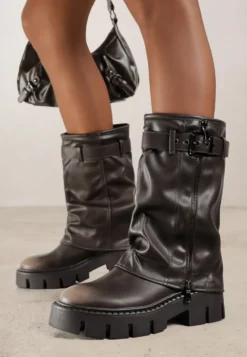 Brązowe Botki Biker Boots z Cholewką Imitującą Nogawkę z Klamerką Veresta