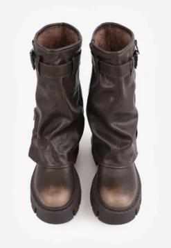 Brązowe Botki Biker Boots z Cholewką Imitującą Nogawkę z Klamerką Veresta