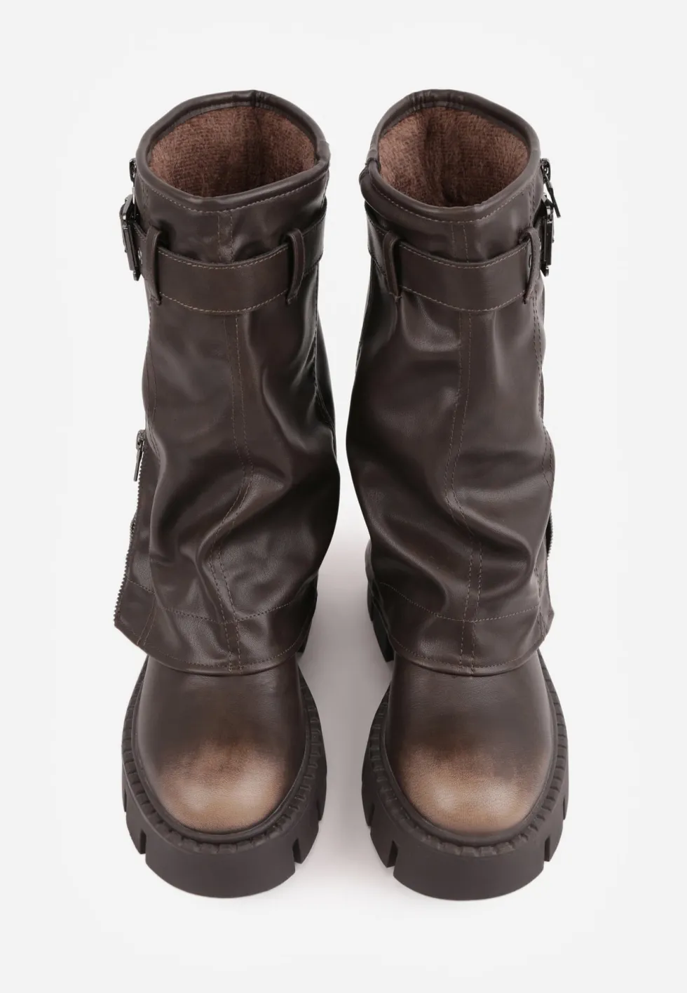 Brązowe Botki Biker Boots z Cholewką Imitującą Nogawkę z Klamerką Veresta