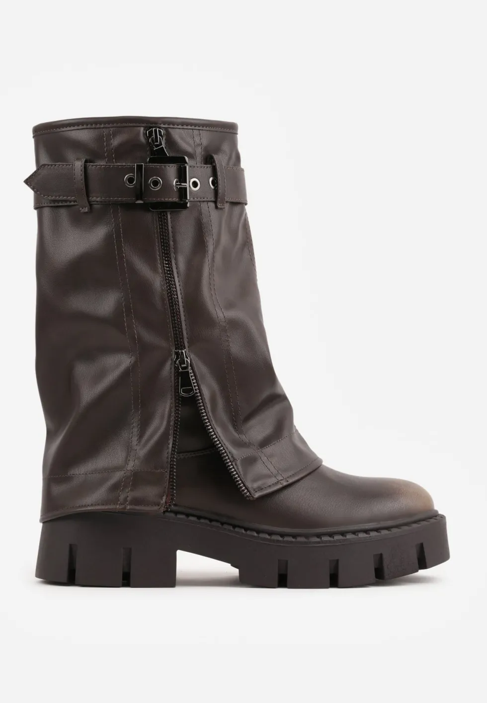 Brązowe Botki Biker Boots z Cholewką Imitującą Nogawkę z Klamerką Veresta