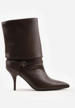Brązowe Botki Eleganckie na Obcasie Szpilce z Metalowym Detalem Moelle