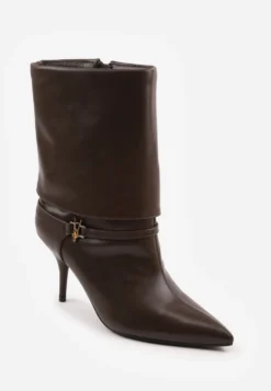 Brązowe Botki Eleganckie na Obcasie Szpilce z Metalowym Detalem Moelle