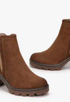 Brązowe Botki na Słupku Boho z Suwakiem Kodra
