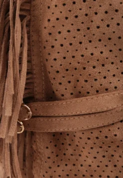 Brązowe Botki na Słupku z Ażurową Cholewką Imitującą Nogawkę z Frędzlami Taylani