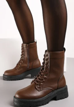 Brązowe Botki Workery na Grubej Podeszwie Fashia