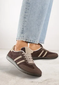 Brązowe Casualowe Sneakersy na Płaskiej Podeszwie Pemeriana