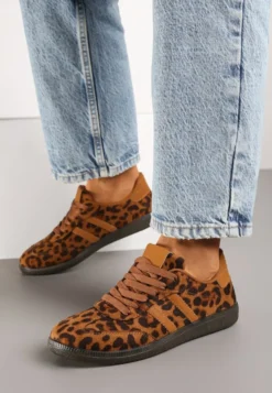 Brązowe Casualowe Sneakersy w Panterkę na Płaskiej Podeszwie Pemeriana