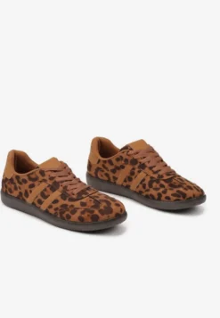 Brązowe Casualowe Sneakersy w Panterkę na Płaskiej Podeszwie Pemeriana