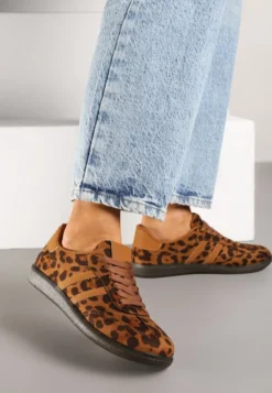 Brązowe Casualowe Sneakersy w Panterkę na Płaskiej Podeszwie Pemeriana