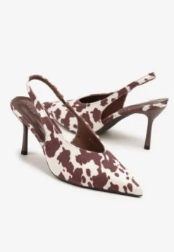 Brązowe Czółenka Sandały Slingback Vices w Krowie Łaty na Obcasie Typu Szpilka Tilionea